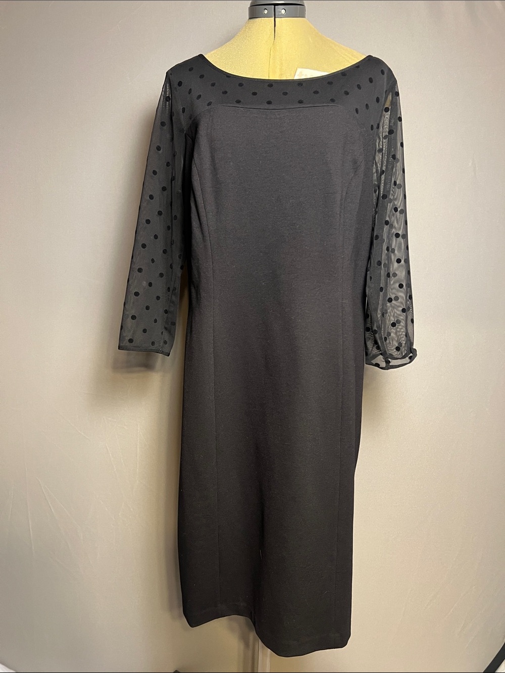 Talbots Black Midi Dress with Polka Dot Mesh Sleeves and Boat Neck